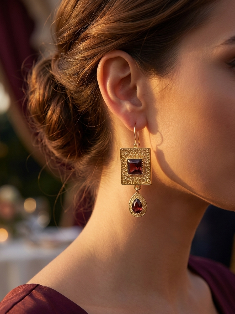 Elegant Filigree Drop Earrings Nude (Dark) - vue portee