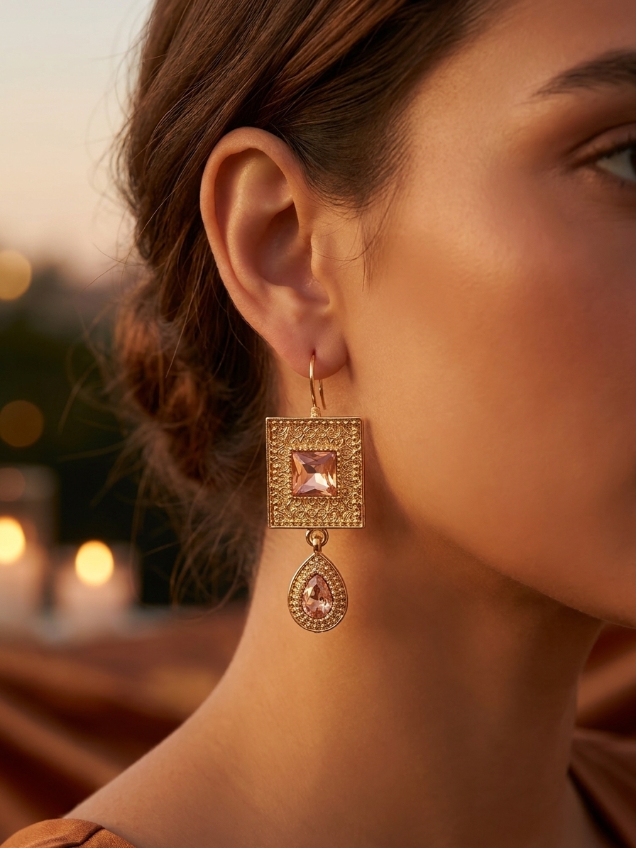Elegant Filigree Drop Earrings Nude - vue portee