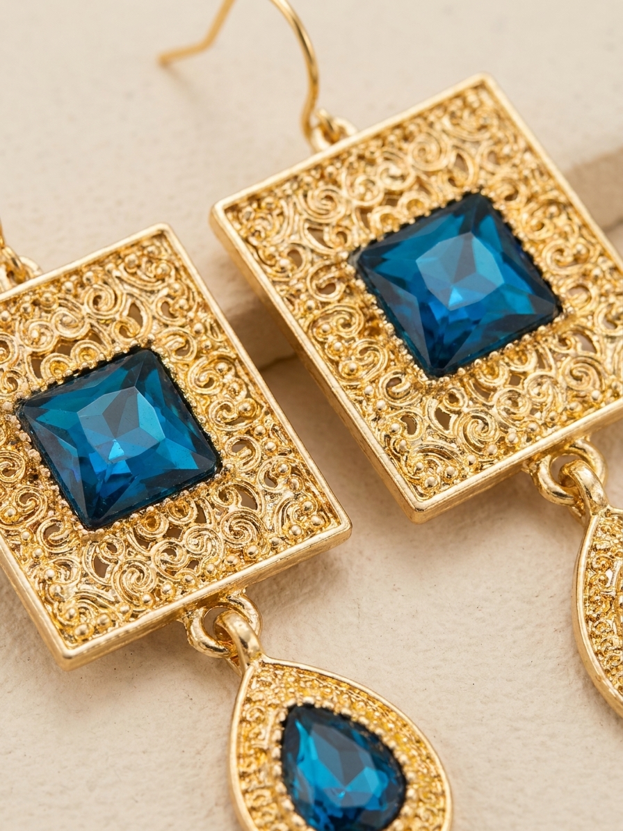 Elegant Filigree Drop Earrings Petrol Blue - zoom detail