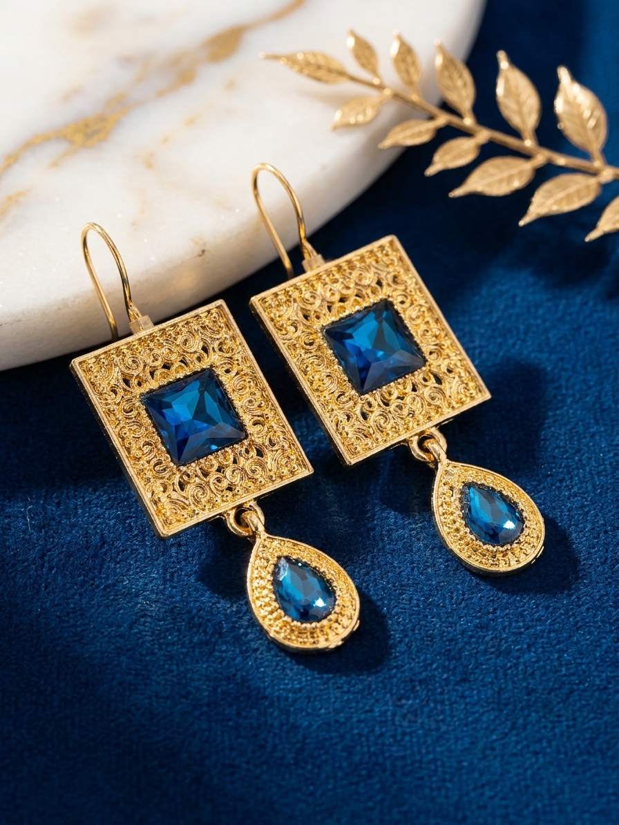 Elegant Filigree Drop Earrings Petrol Blue - lifestyle