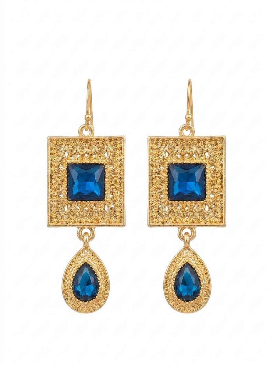 Elegant Filigree Drop Earrings Petrol Blue - packshot fond blanc