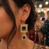 Elegant Filigree Drop Earrings Petrol Blue - vue portee