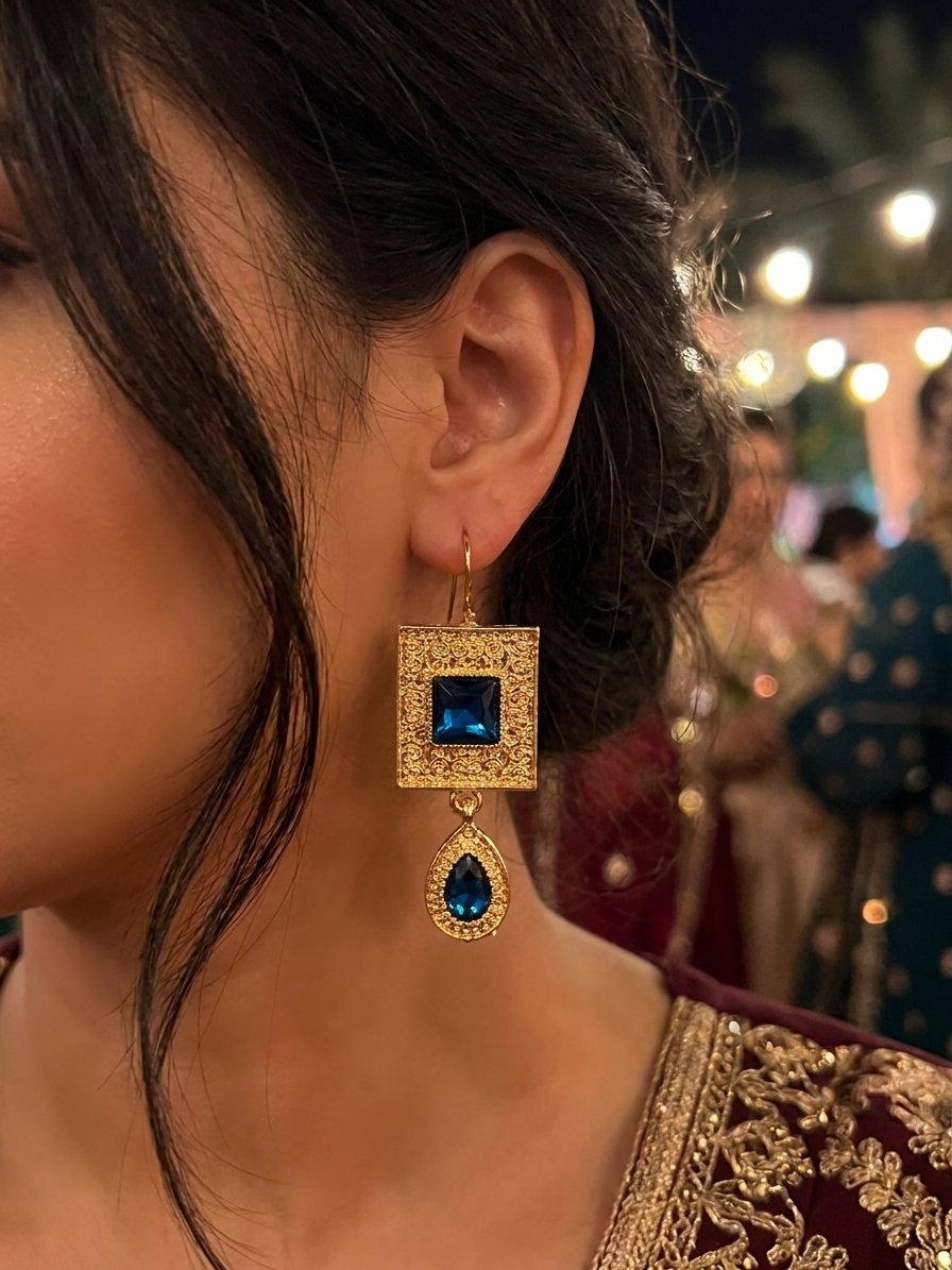 Elegant Filigree Drop Earrings Petrol Blue - vue portee
