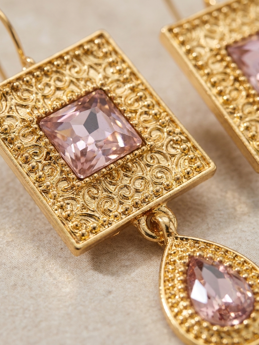 Elegant Filigree Drop Earrings Pink - zoom detail