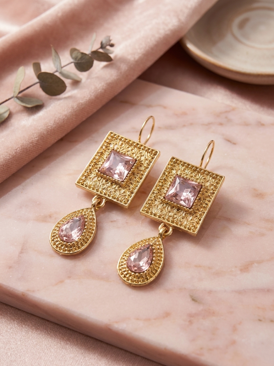 Elegant Filigree Drop Earrings Pink - lifestyle