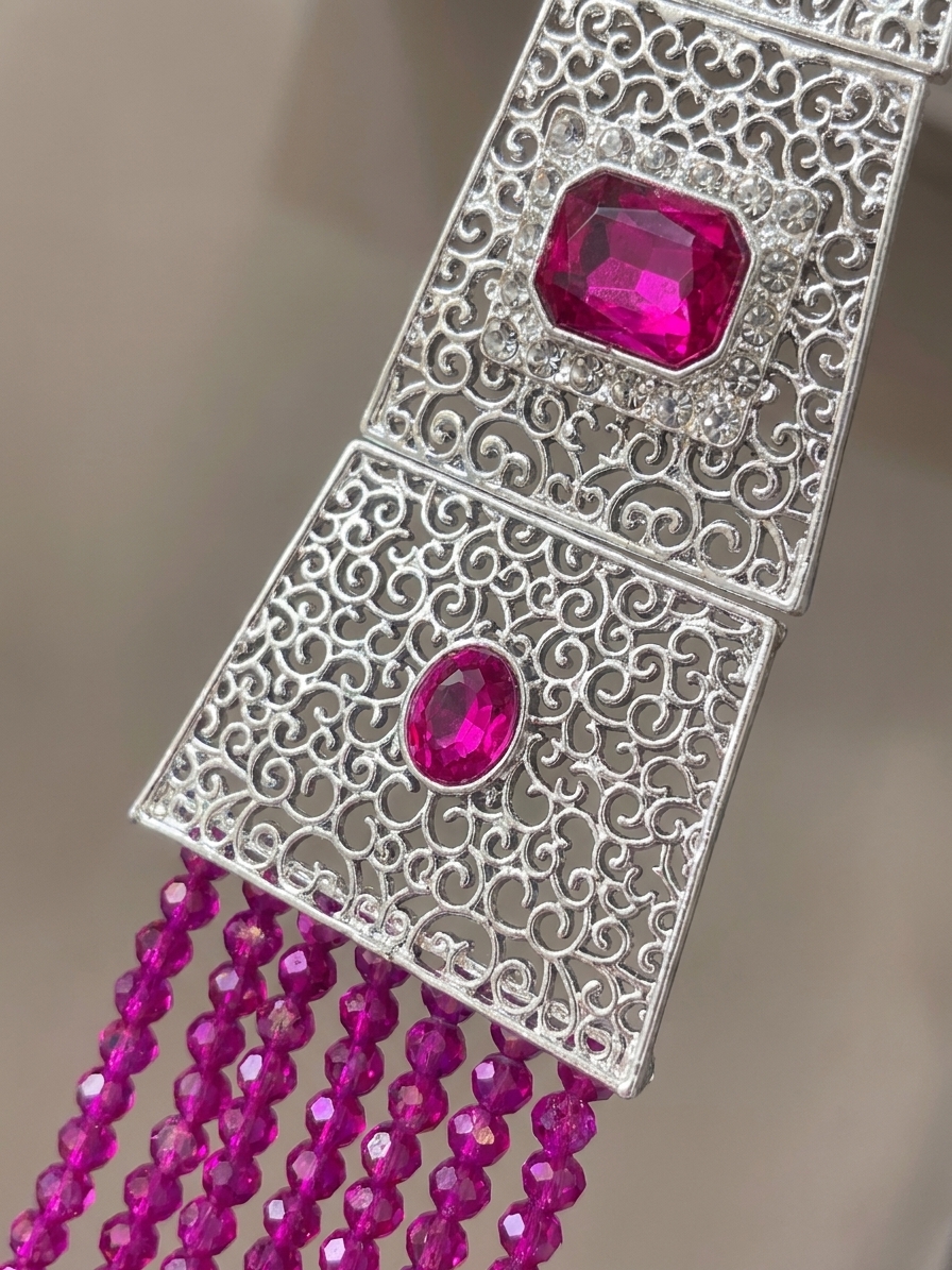 filigree-cascading-statement-necklace-fuchsia-detail-snp3328 Filigree Cascading Statement Necklace Fuchsia - zoom detail