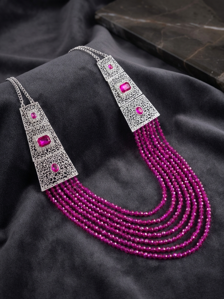 filigree-cascading-statement-necklace-fuchsia-lifestyle-snp3330 Filigree Cascading Statement Necklace Fuchsia - lifestyle