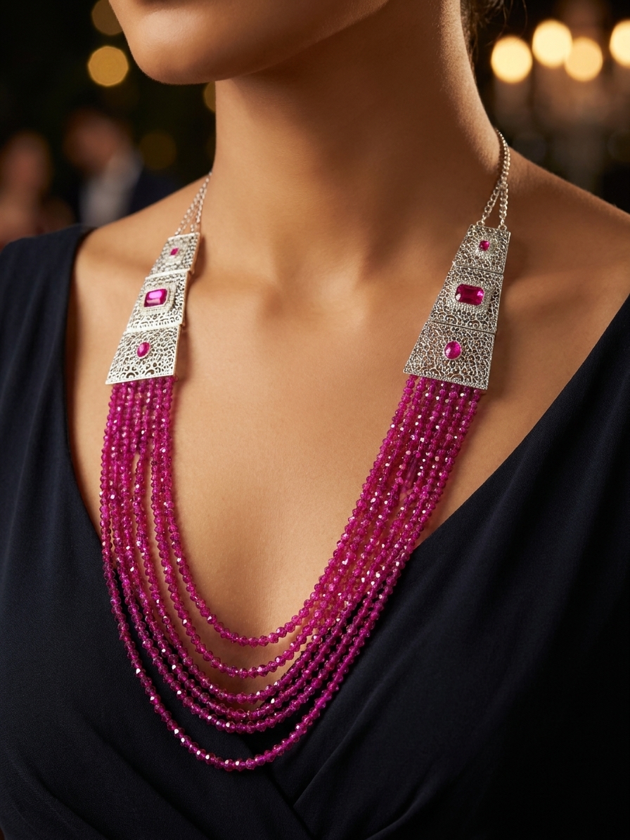 filigree-cascading-statement-necklace-fuchsia-porte-snp3339 Filigree Cascading Statement Necklace Fuchsia - vue portee