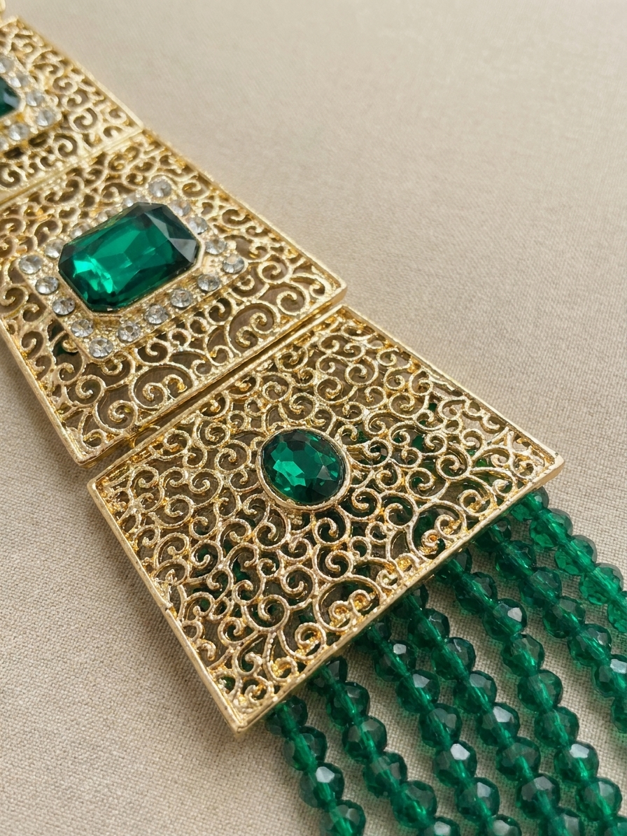 filigree-cascading-statement-necklace-green-detail-snp3319 Filigree Cascading Statement Necklace Green - zoom detail