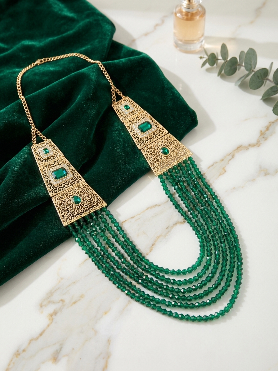 filigree-cascading-statement-necklace-green-lifestyle-snp3321 Filigree Cascading Statement Necklace Green - lifestyle