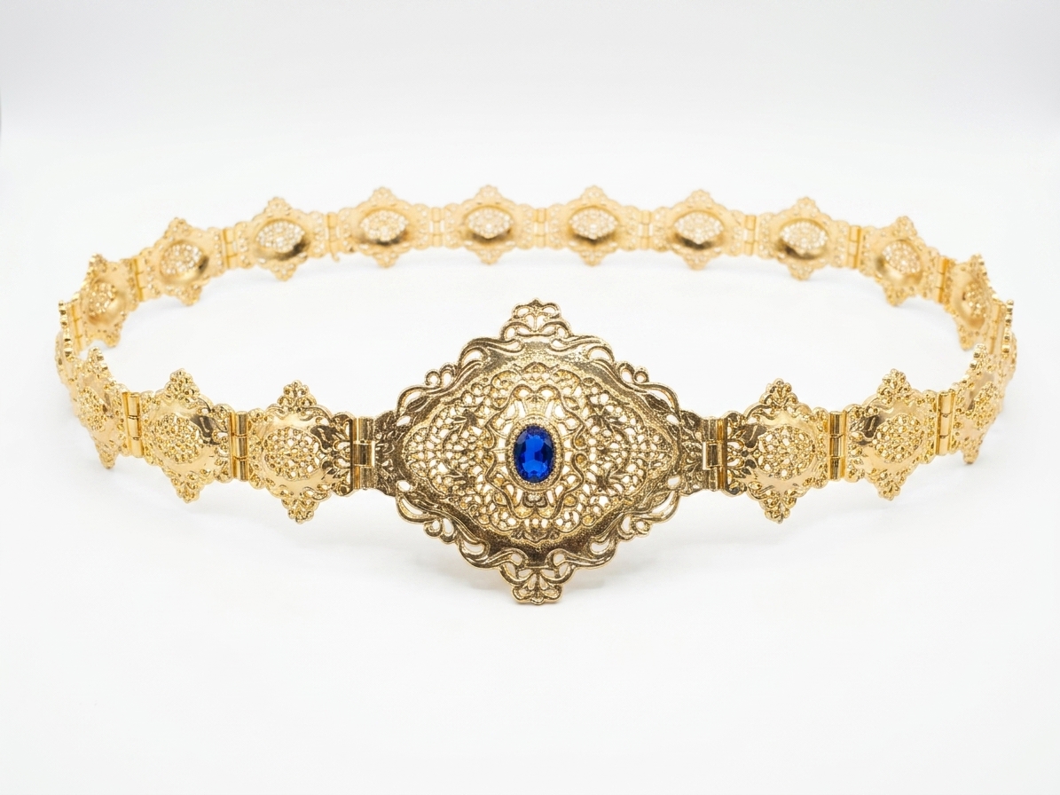 Elegant Filigree Statement Belt Blue - packshot fond blanc