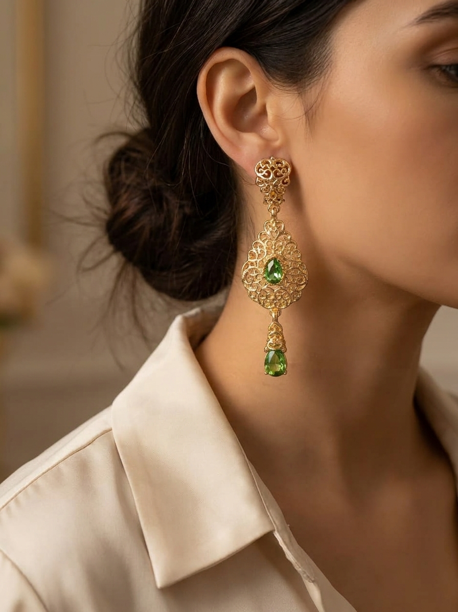 ornate-chandelier-earrings-almond-green-porte-snp2092 Ornate Chandelier Earrings Almond Green - vue portee