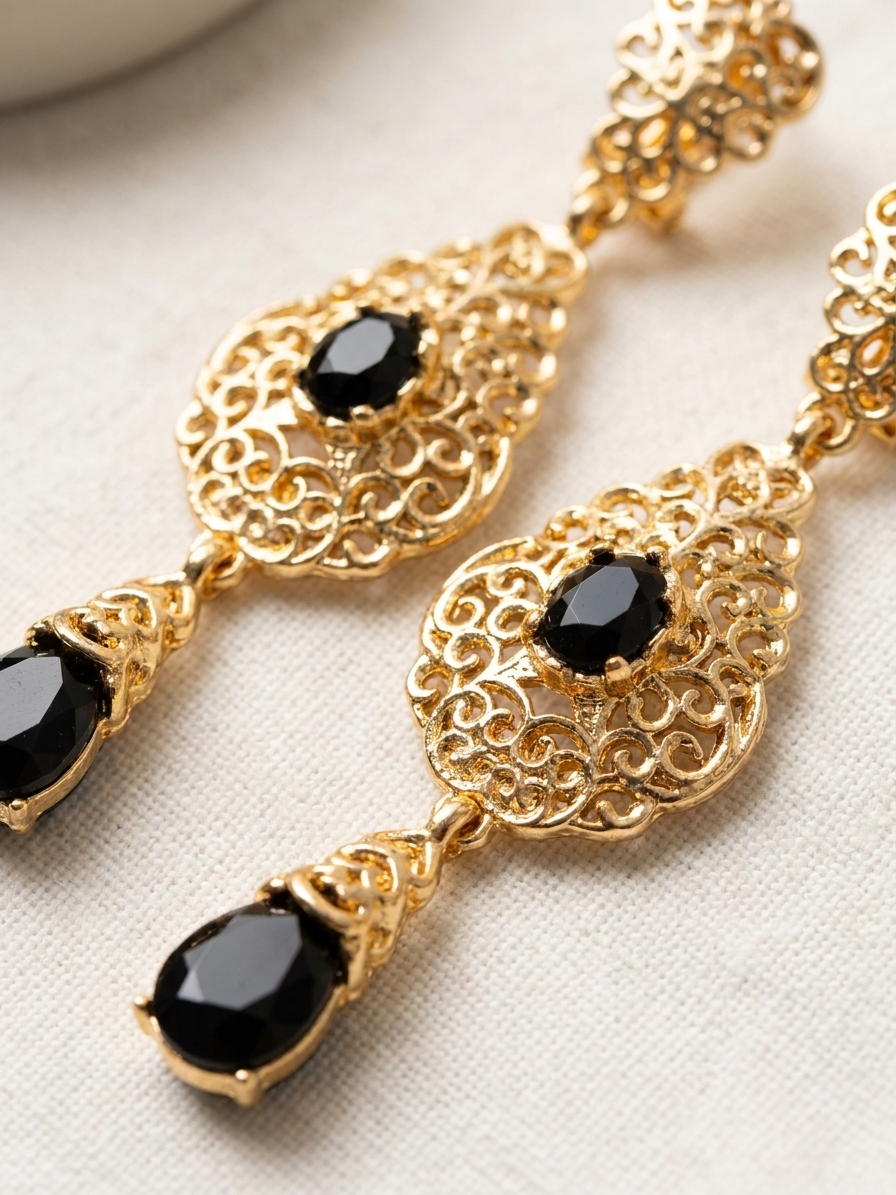 ornate-chandelier-earrings-black-detail-snp2120 Ornate Chandelier Earrings Black - zoom detail