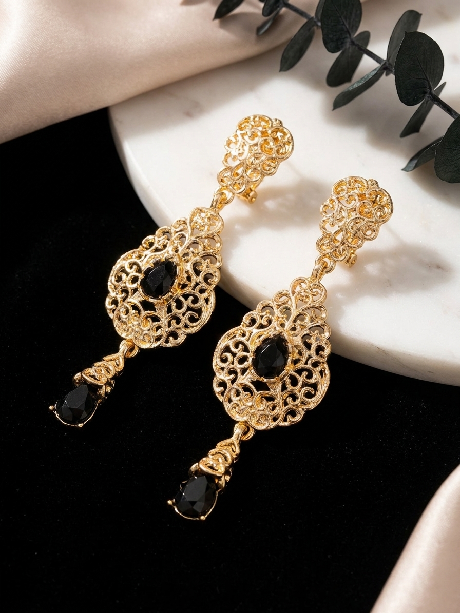 ornate-chandelier-earrings-black-lifestyle-snp2122 Ornate Chandelier Earrings Black - lifestyle