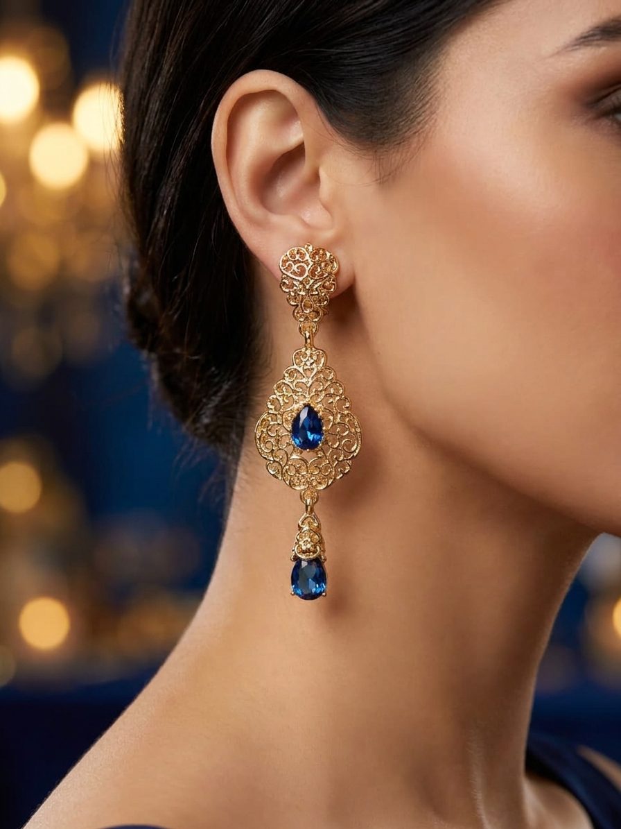 ornate-chandelier-earrings-blue-porte-snp2113 Ornate Chandelier Earrings Blue - vue portee