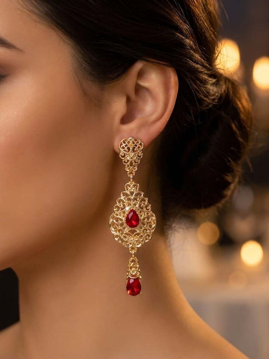 ornate-chandelier-earrings-bordeaux-porte-snp2117 Ornate Chandelier Earrings Bordeaux - vue portee