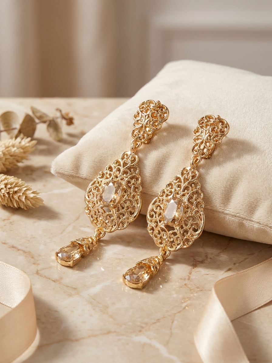 ornate-chandelier-earrings-champagne-lifestyle-snp2081 Ornate Chandelier Earrings Champagne - lifestyle