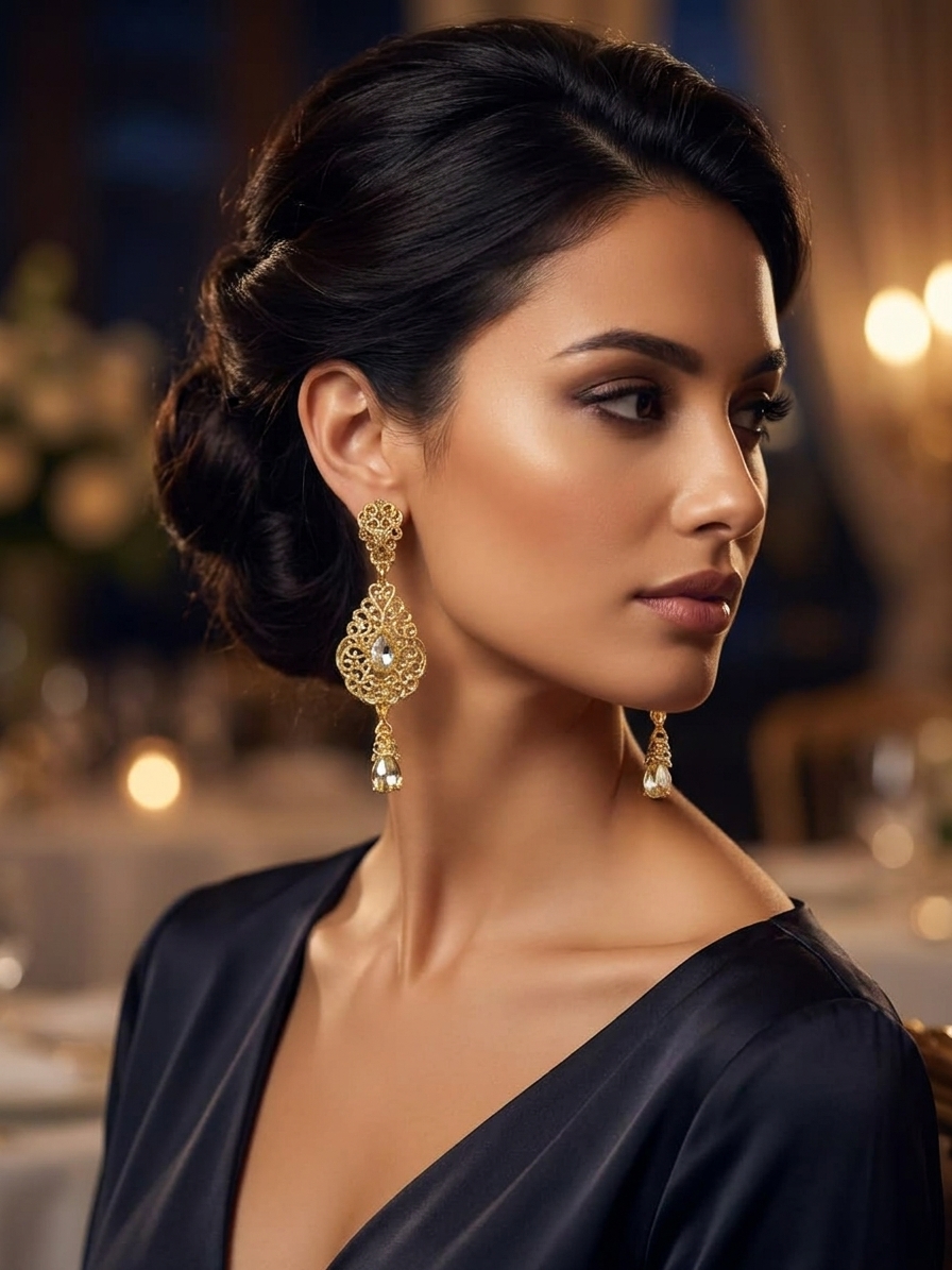 ornate-chandelier-earrings-gold-taupe-porte-snp2088 Ornate Chandelier Earrings Gold/Taupe - vue portee