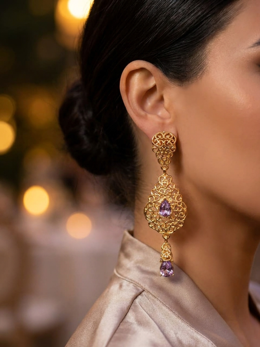 ornate-chandelier-earrings-lilac-porte-snp2108 Ornate Chandelier Earrings Lilac - vue portee
