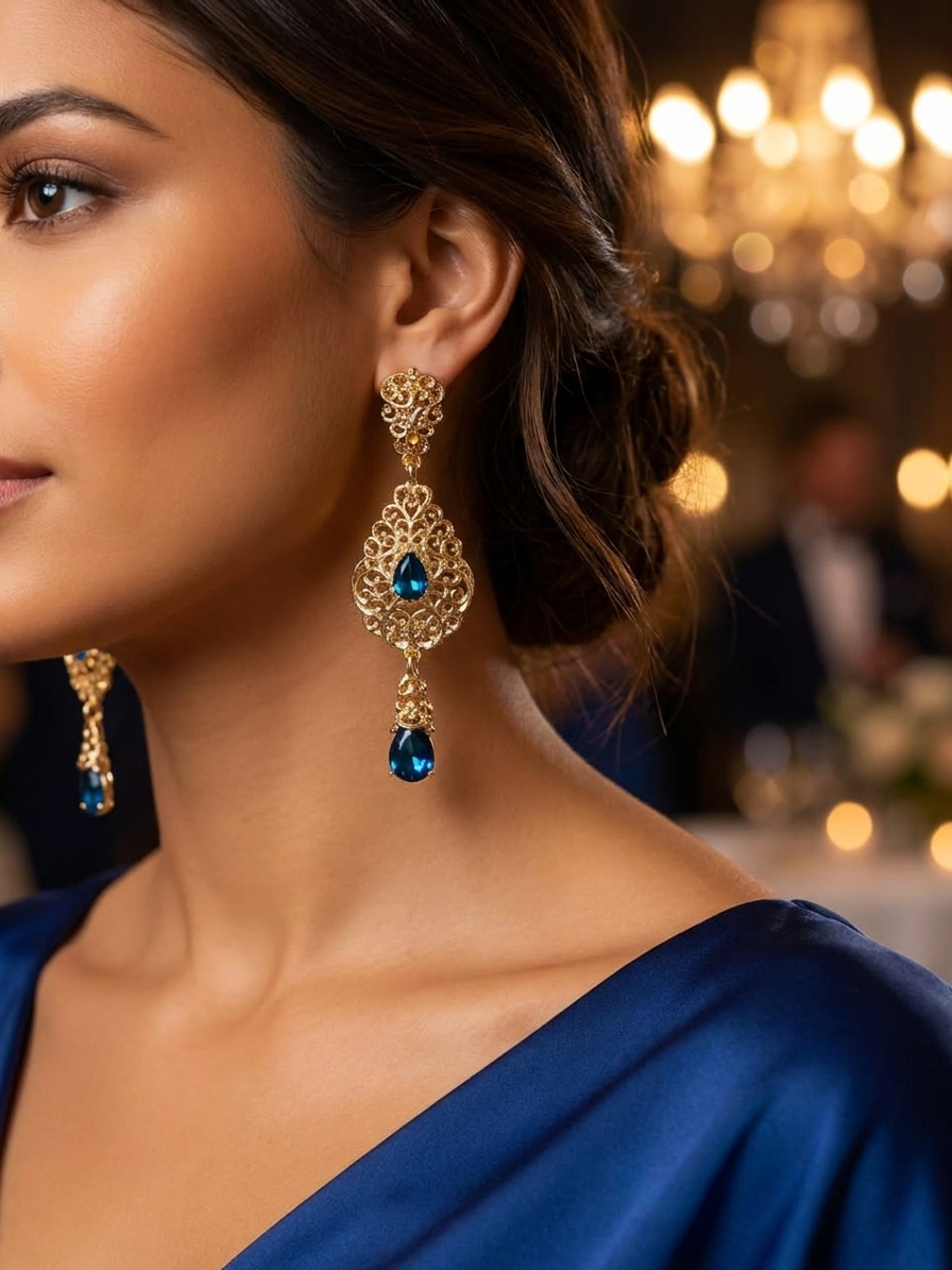 ornate-chandelier-earrings-petrol-blue-porte-snp2104 Ornate Chandelier Earrings Petrol Blue - vue portee