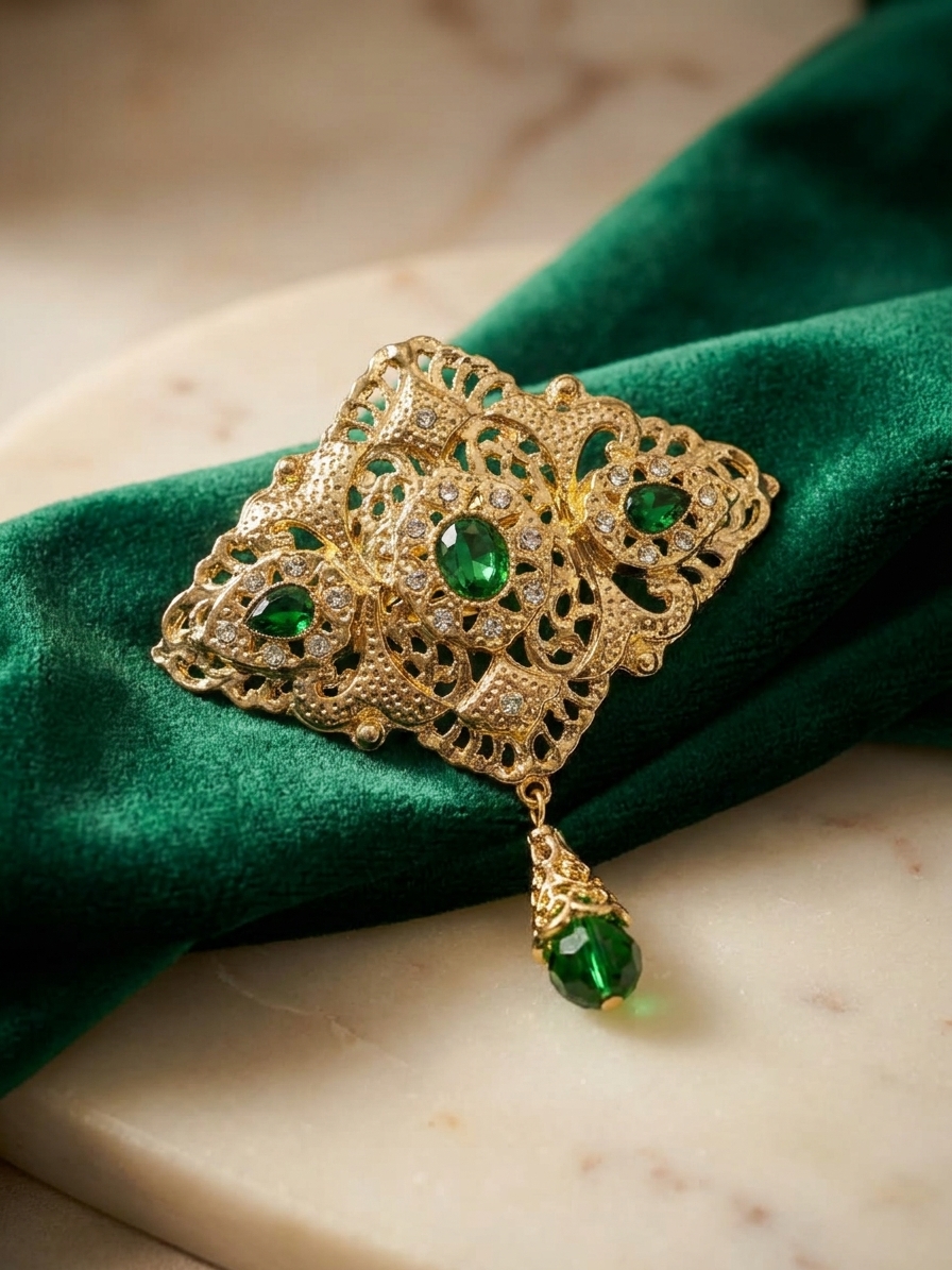 ornate-filigree-statement-brooch-green-lifestyle-snp2176 Ornate Filigree Statement Brooch Green - lifestyle