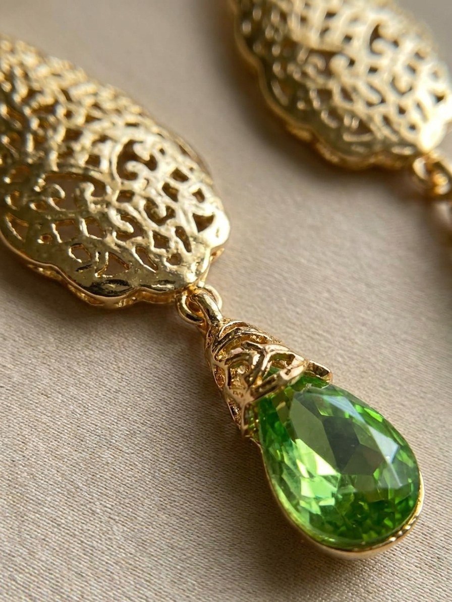 Ornate Filigree Teardrop Dangle Earrings Almond Green - zoom detail