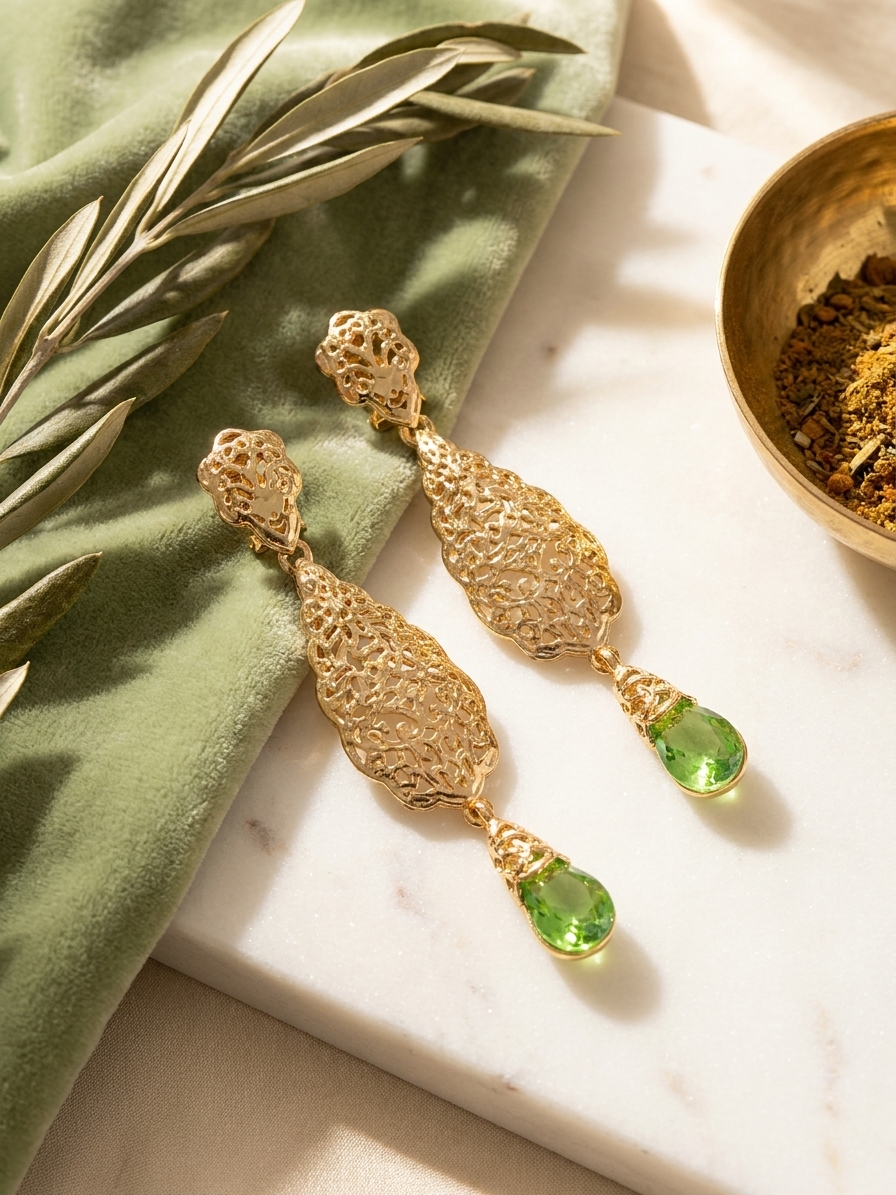 Ornate Filigree Teardrop Dangle Earrings Almond Green - lifestyle