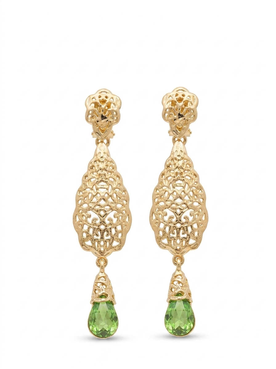 Ornate Filigree Teardrop Dangle Earrings Almond Green - packshot fond blanc