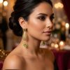 Ornate Filigree Teardrop Dangle Earrings Almond Green - vue portee