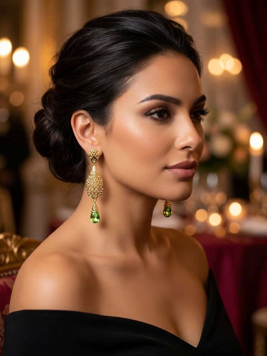 Ornate Filigree Teardrop Dangle Earrings Almond Green - vue portee