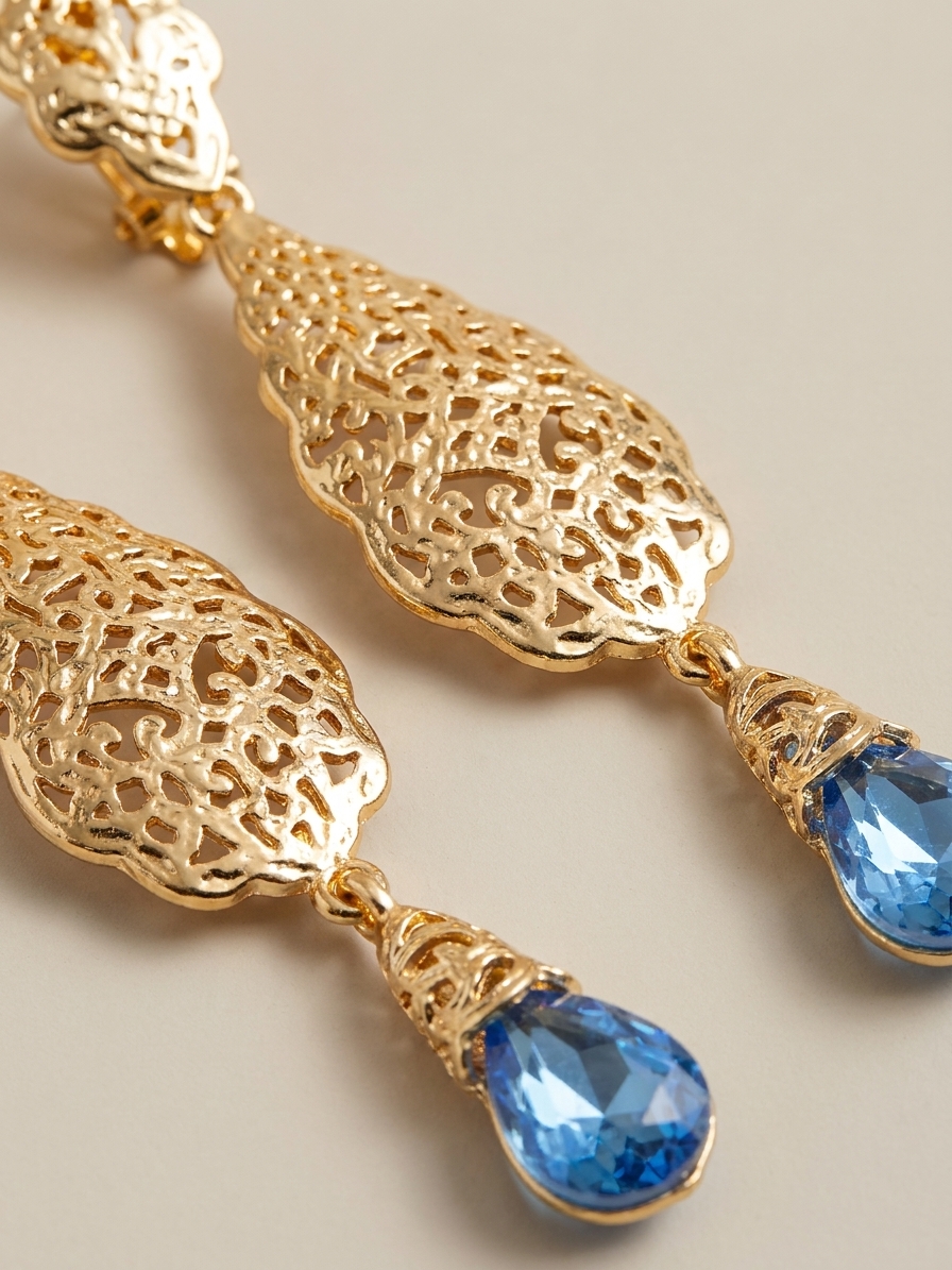 Ornate Filigree Teardrop Dangle Earrings Baby blue - zoom detail