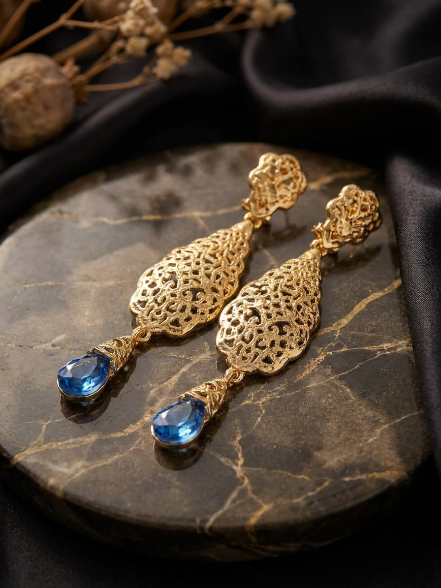 Ornate Filigree Teardrop Dangle Earrings Baby blue - lifestyle