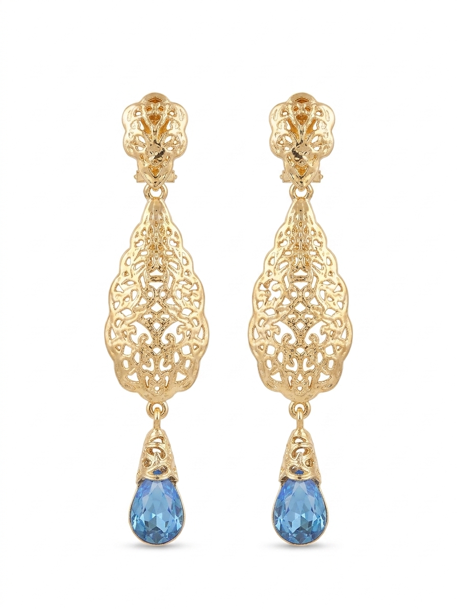 Ornate Filigree Teardrop Dangle Earrings Baby blue - packshot fond blanc
