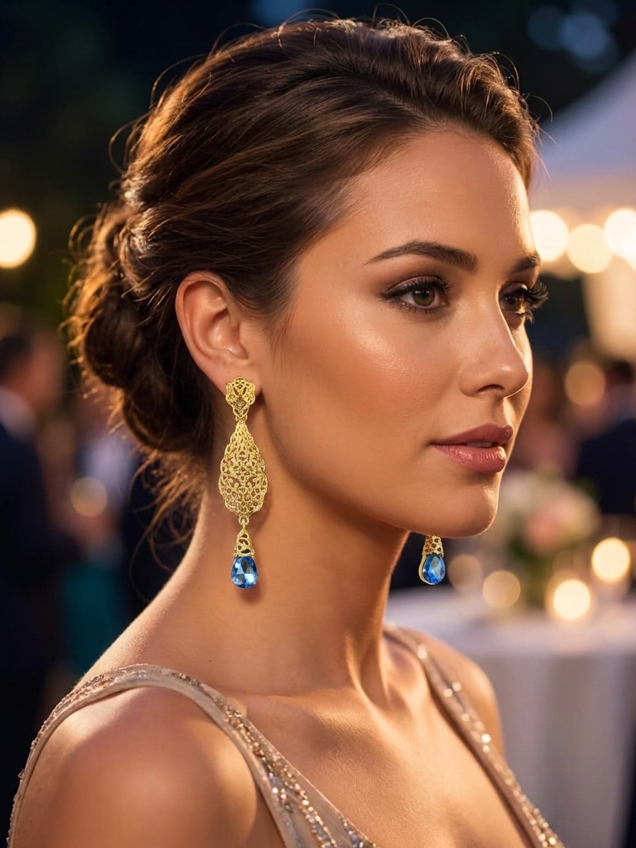 Ornate Filigree Teardrop Dangle Earrings Baby blue - vue portee