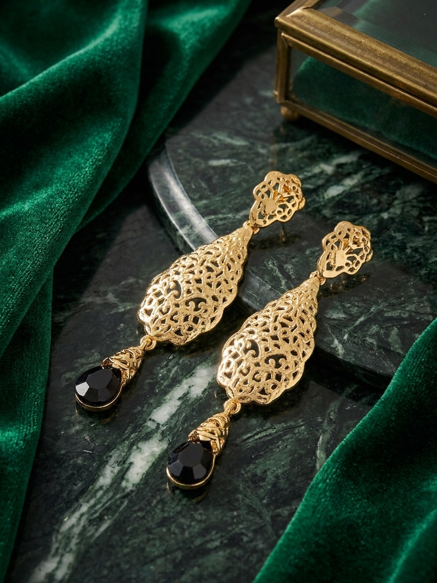 Ornate Filigree Teardrop Dangle Earrings Black - lifestyle