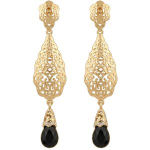 Ornate Teardrop Dangle Earrings Black - packshot fond blanc