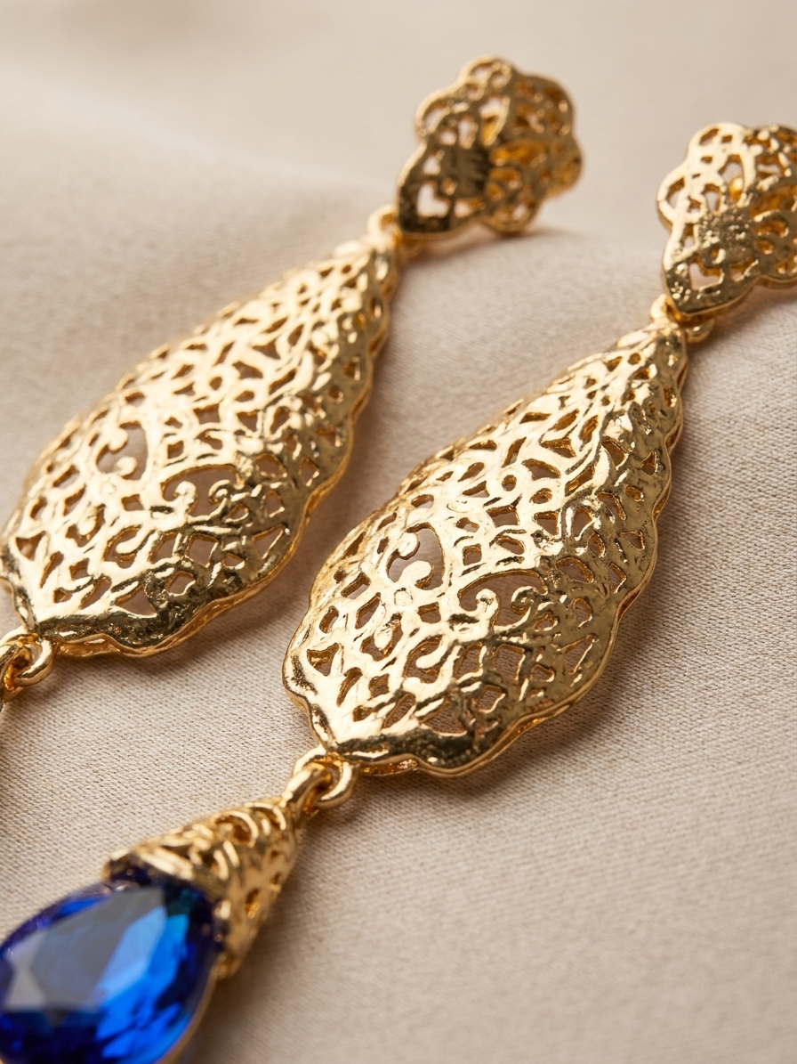 Ornate Filigree Teardrop Dangle Earrings Blue - zoom detail