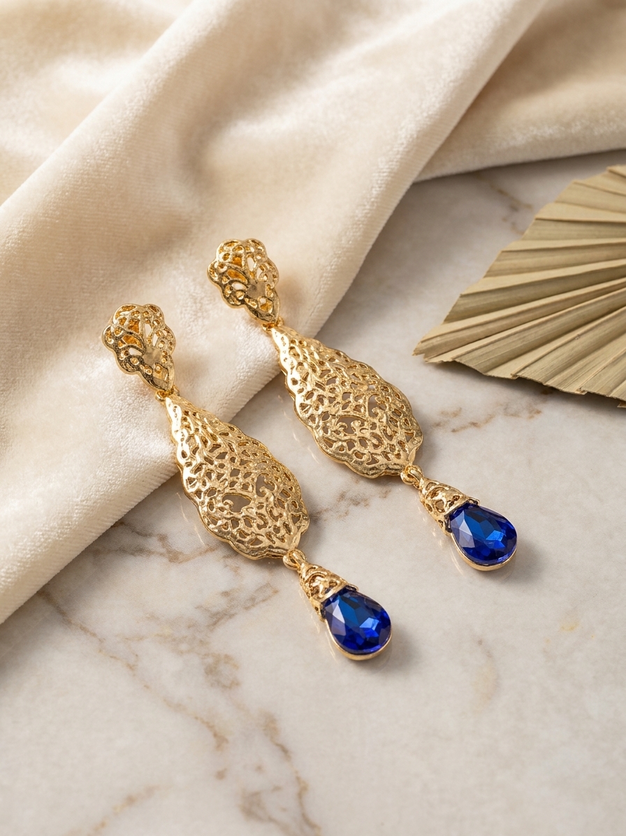 Ornate Filigree Teardrop Dangle Earrings Blue - lifestyle
