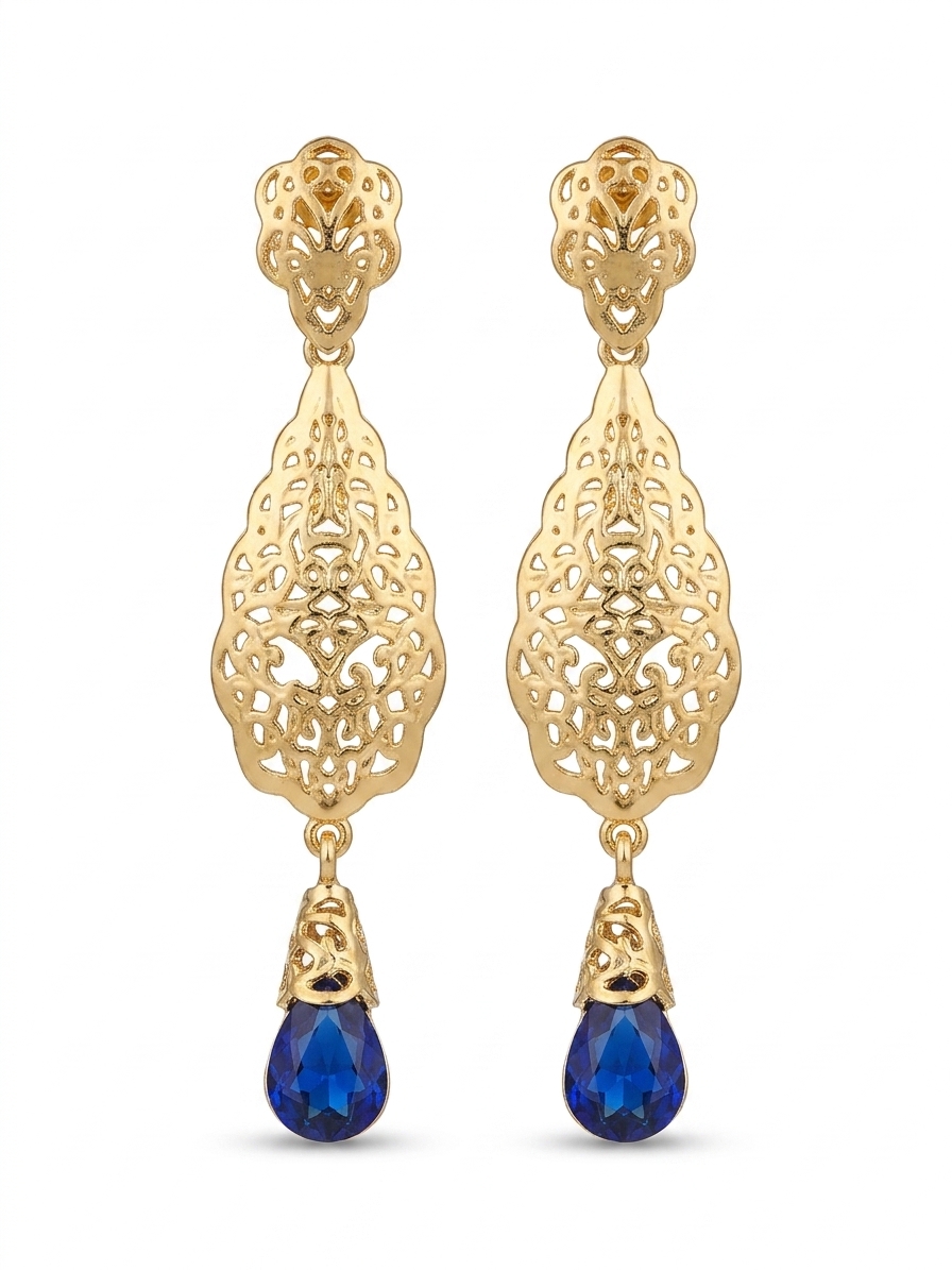 Ornate Filigree Teardrop Dangle Earrings Blue - packshot fond blanc