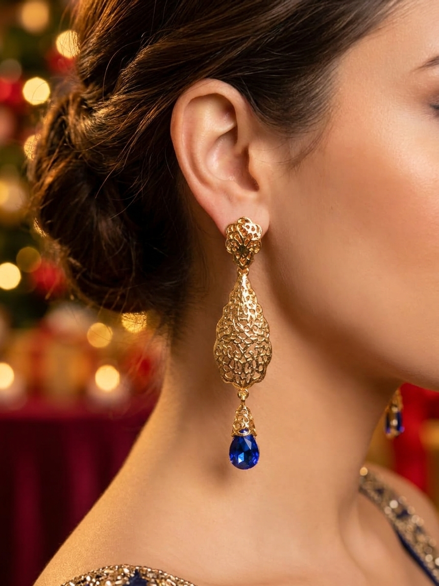 Ornate Filigree Teardrop Dangle Earrings Blue - vue portee