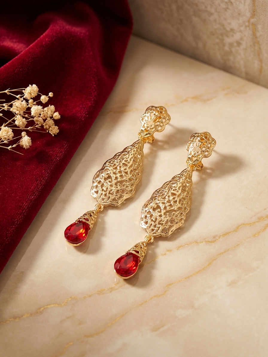 Ornate Filigree Teardrop Dangle Earrings Bordeaux - lifestyle