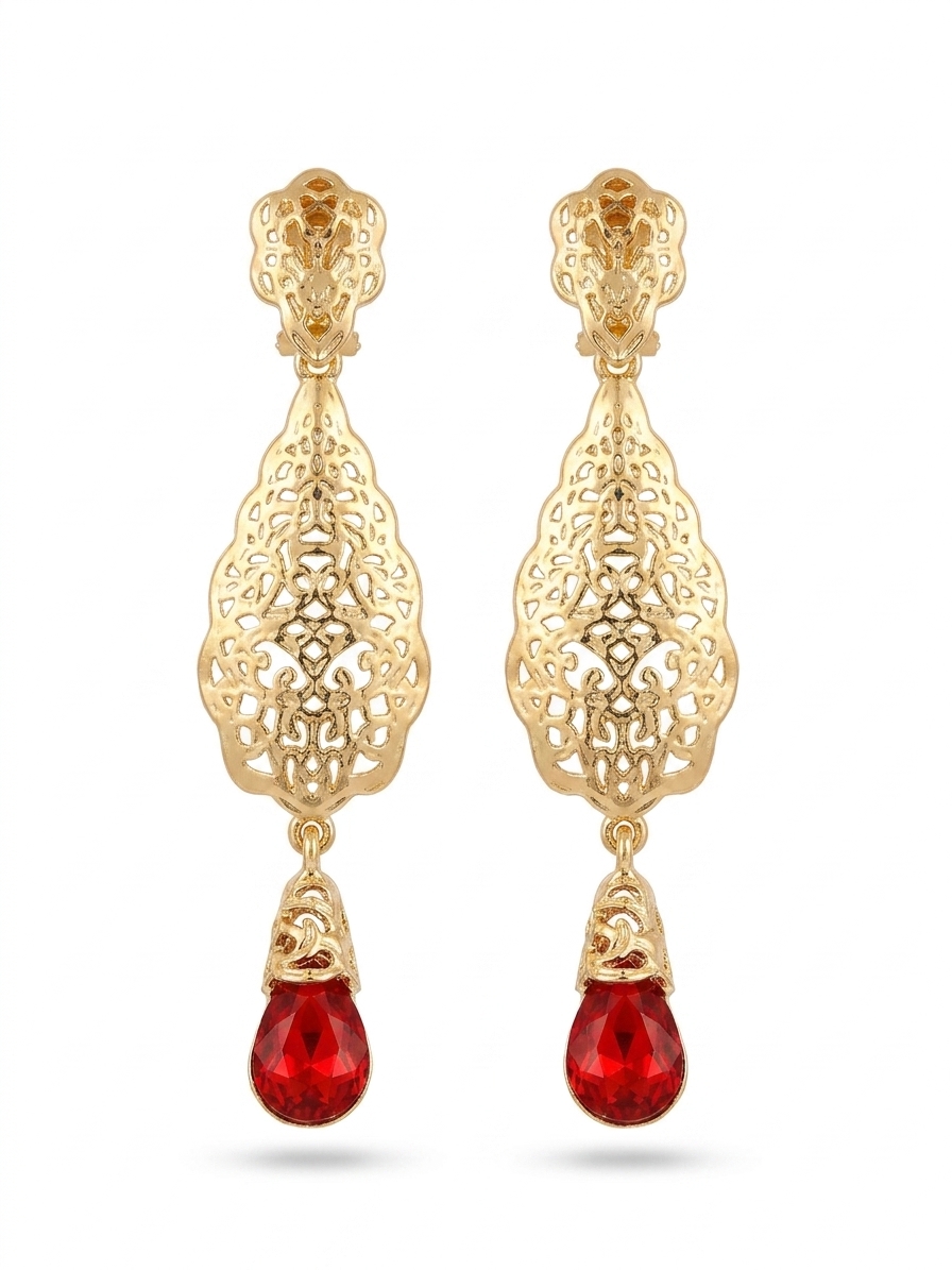 Ornate Filigree Teardrop Dangle Earrings Bordeaux - packshot fond blanc