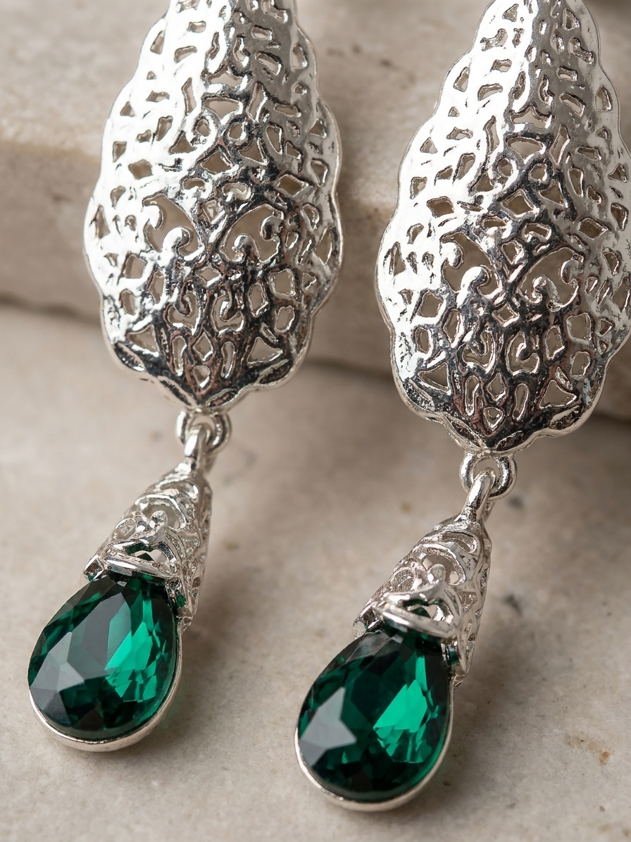 Ornate Filigree Teardrop Dangle Earrings Green - zoom detail