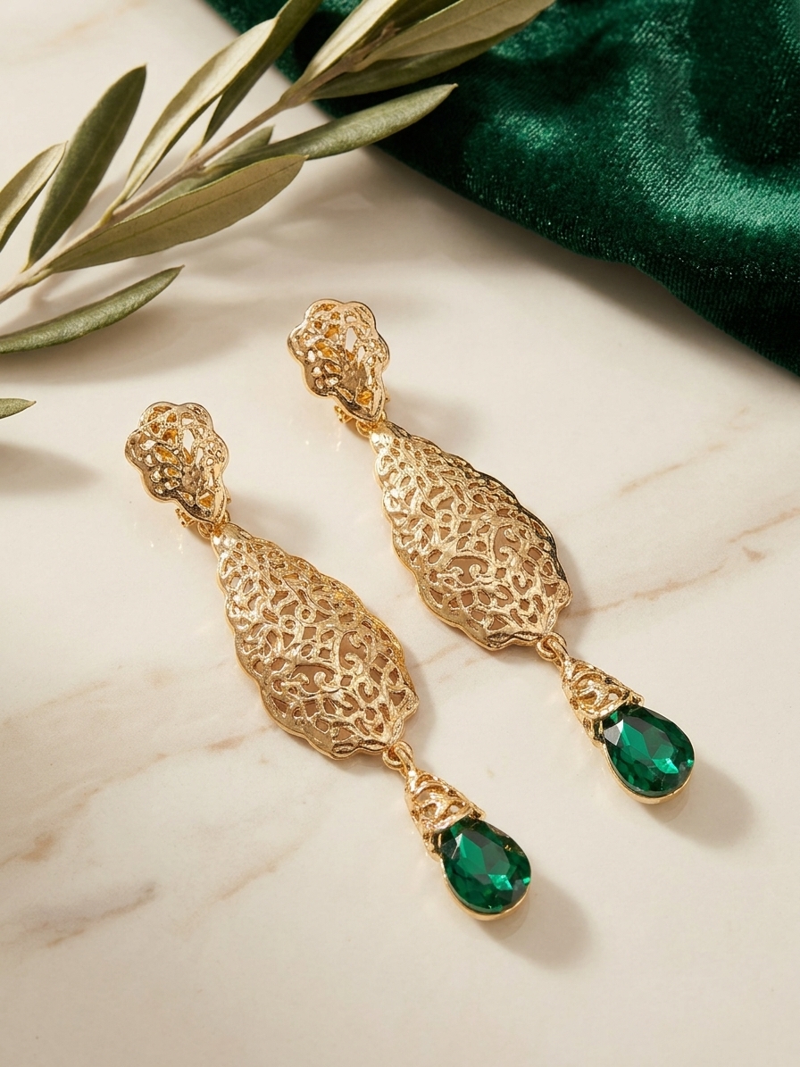 Ornate Filigree Teardrop Dangle Earrings Green - lifestyle
