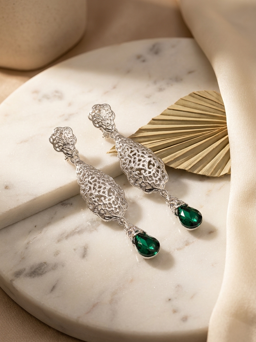 Ornate Filigree Teardrop Dangle Earrings Green - lifestyle
