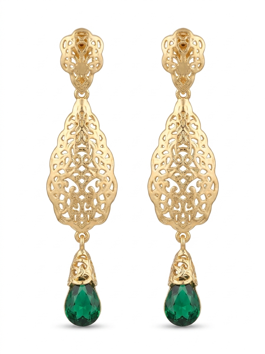 Ornate Filigree Teardrop Dangle Earrings Green - packshot fond blanc