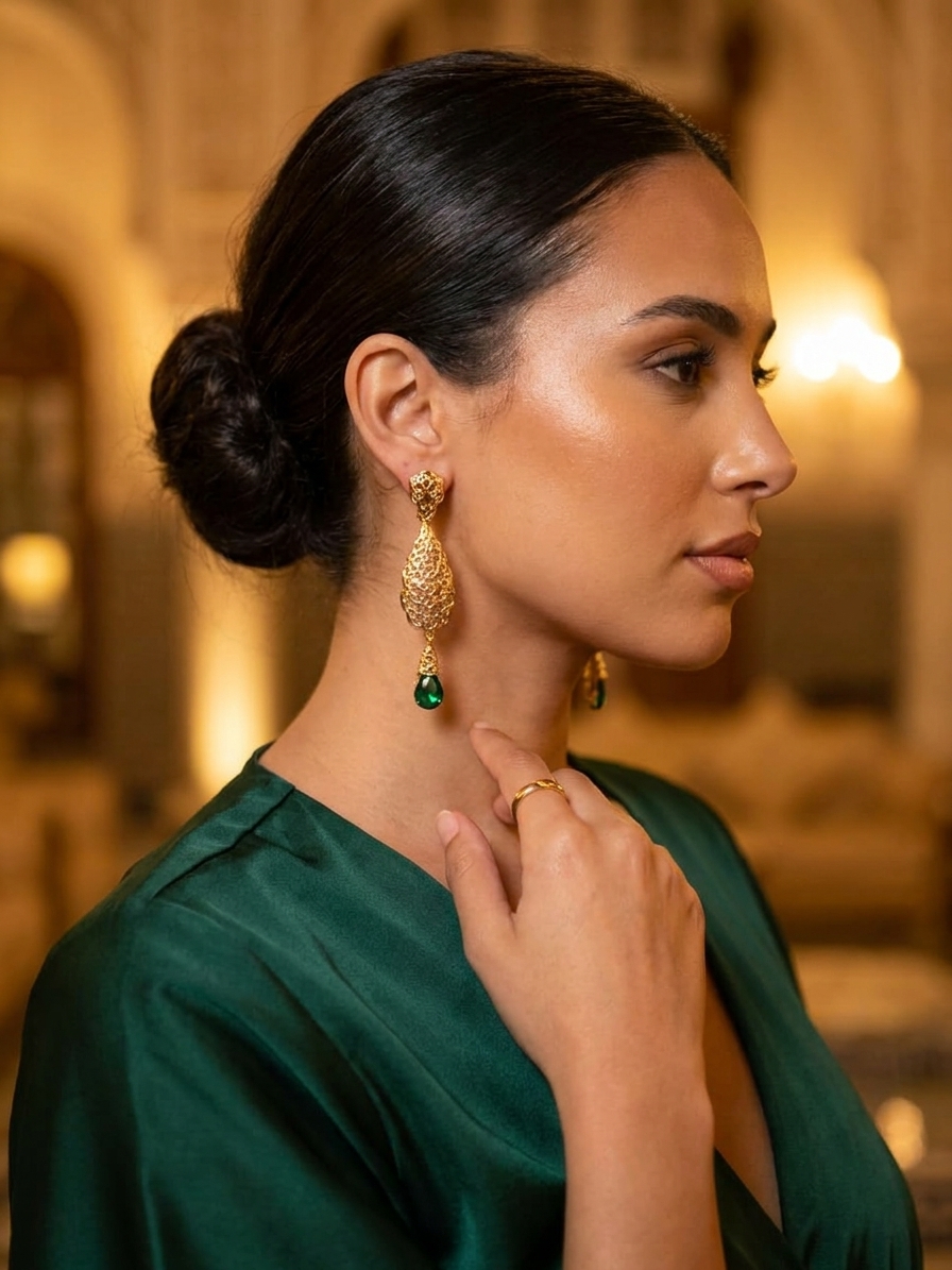Ornate Filigree Teardrop Dangle Earrings Green - vue portee
