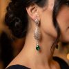 Ornate Filigree Teardrop Dangle Earrings Green - vue portee