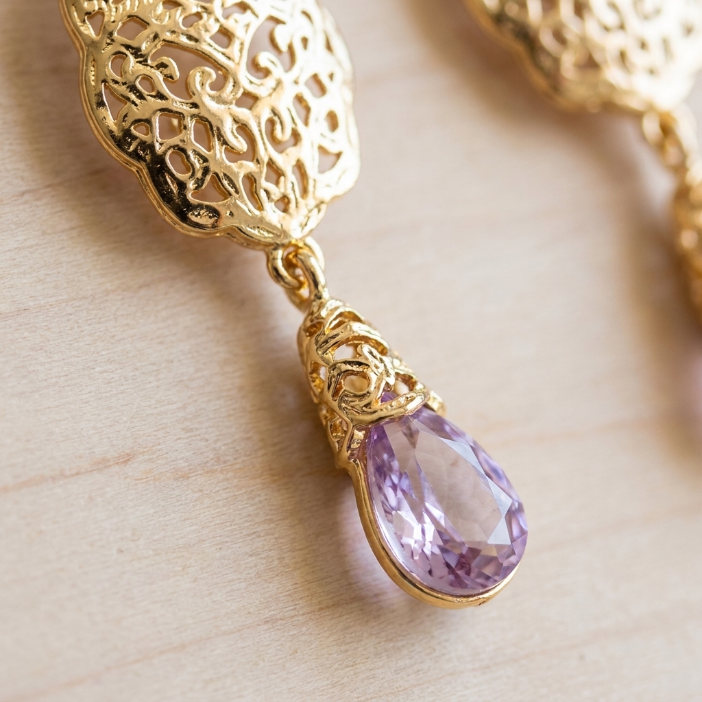 Ornate Filigree Teardrop Dangle Earrings Lilac - zoom detail