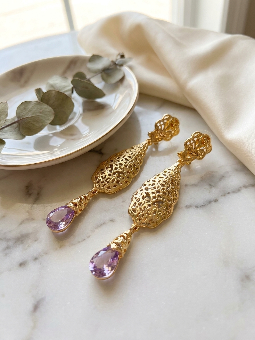 Ornate Filigree Teardrop Dangle Earrings Lilac - lifestyle